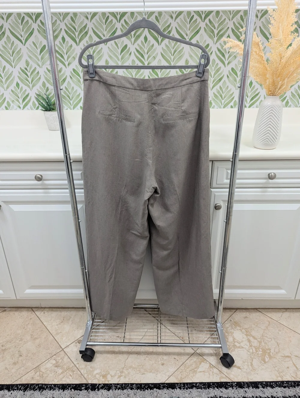H&M Linen-Blend Pants in Taupe Gray Women's 12 Wide Leg Summer